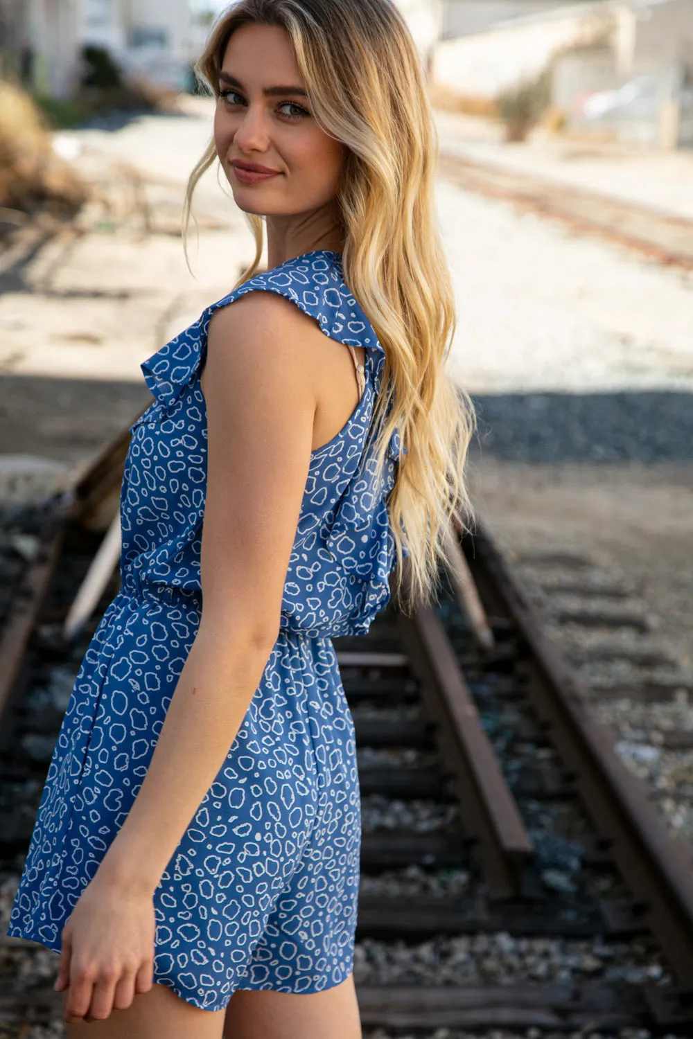 Animal Print Ruffle V Neck Pocketed Romper (dropship)