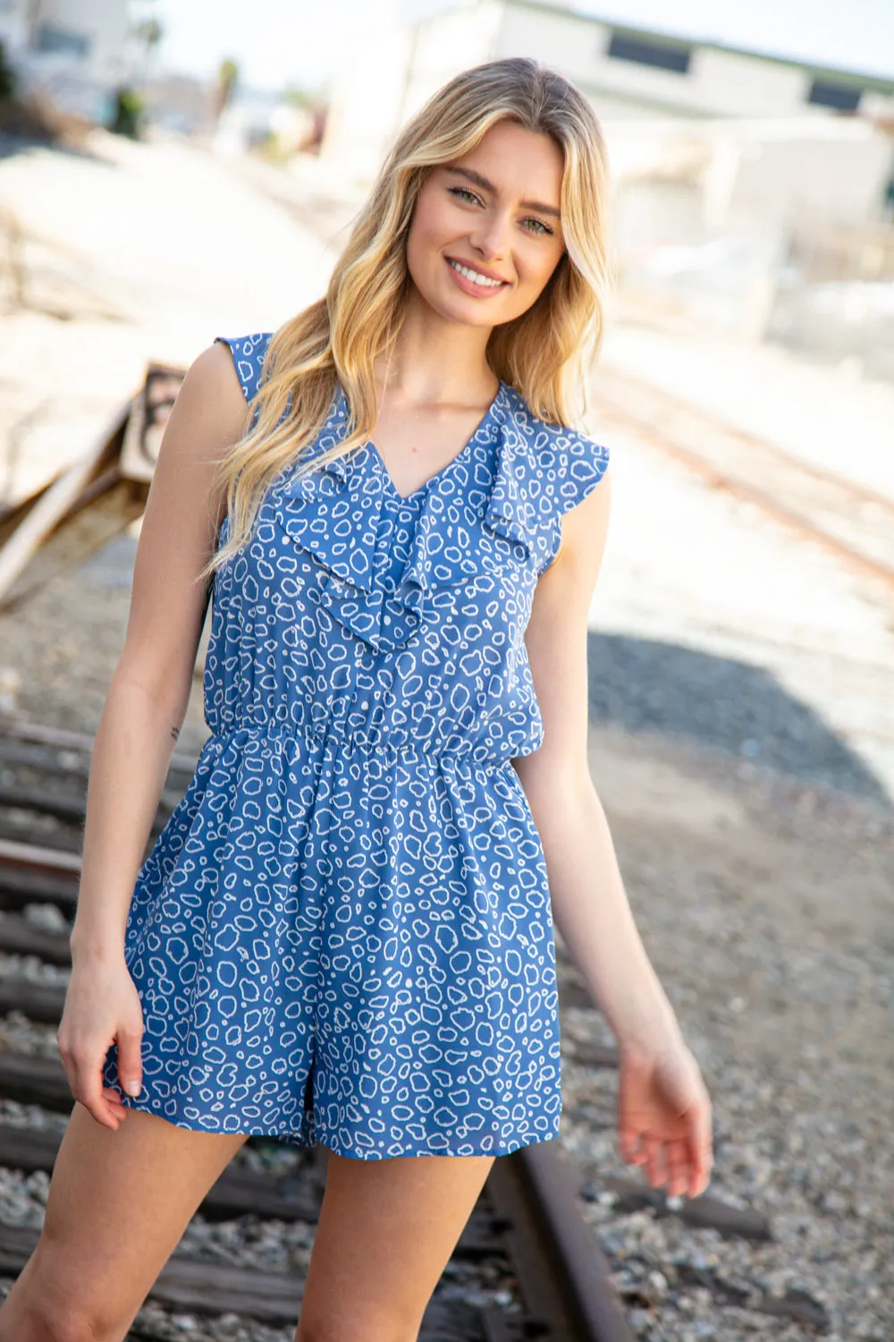 Animal Print Ruffle V Neck Pocketed Romper (dropship)