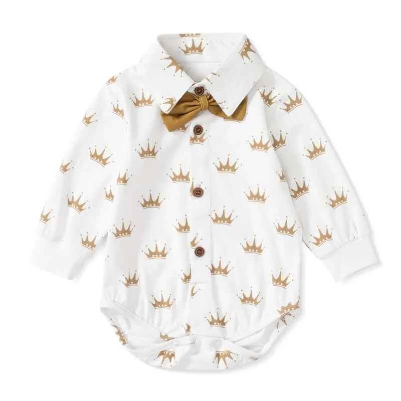 Baby Boy White Crown Romper   Pants with Suspenders