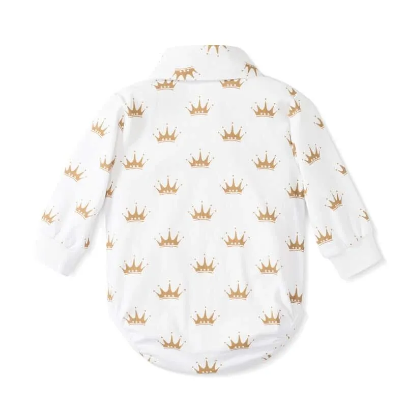Baby Boy White Crown Romper   Pants with Suspenders