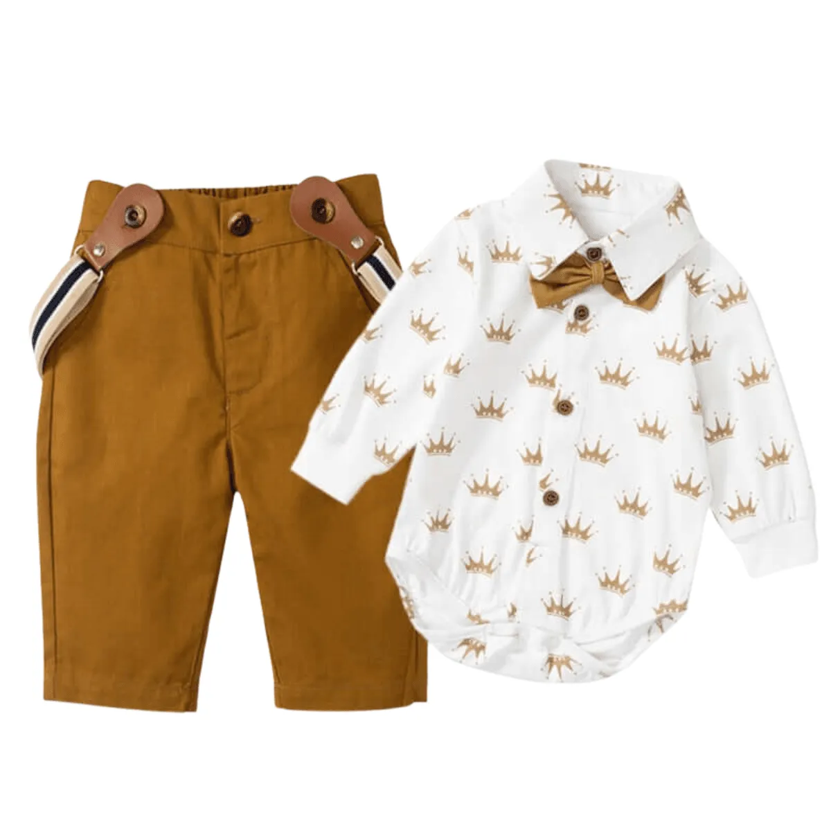 Baby Boy White Crown Romper   Pants with Suspenders