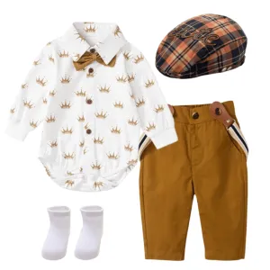 Baby Boy White Crown Romper   Pants with Suspenders