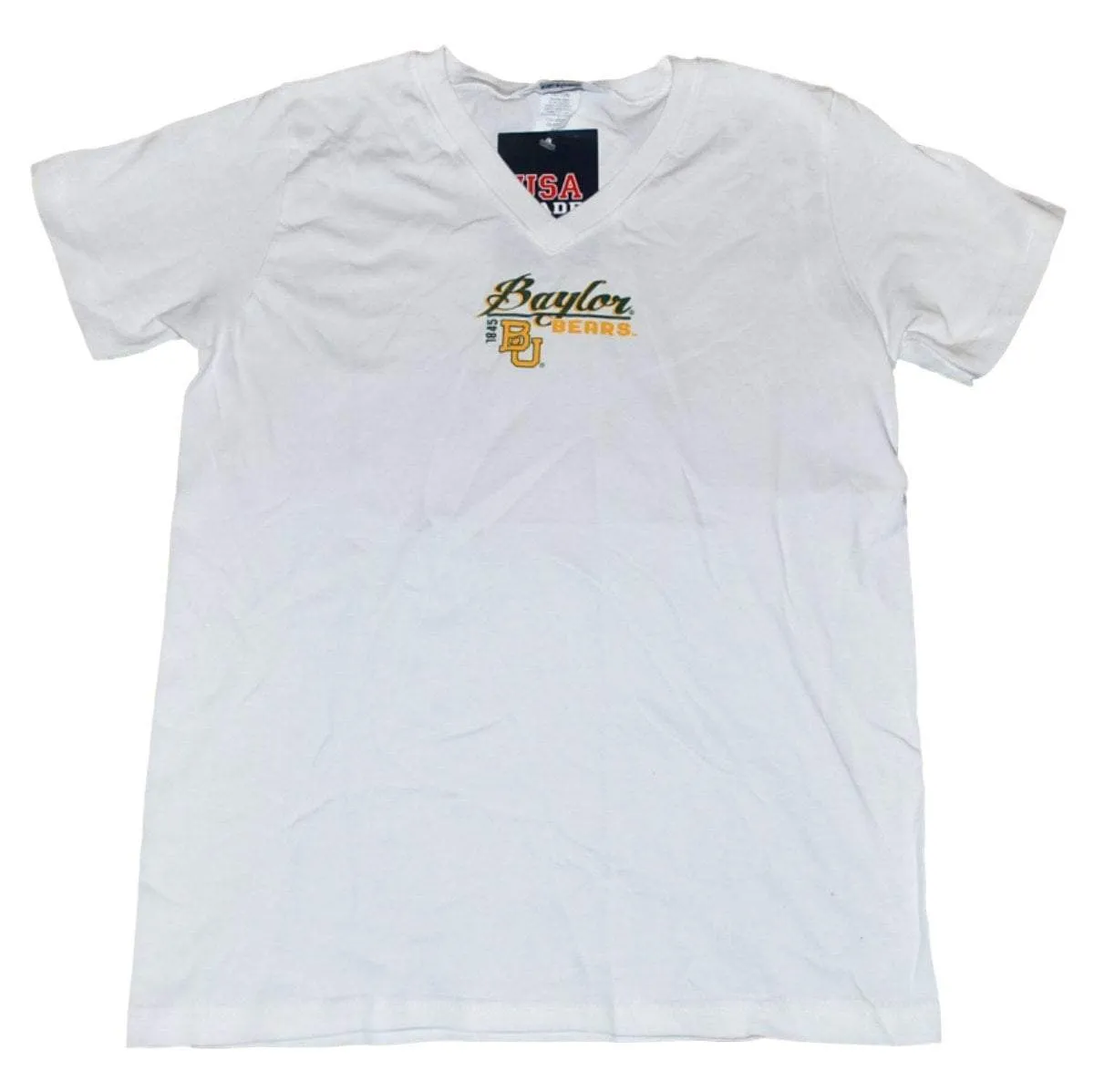 Baylor Bears Cotton Exchange White Green Yellow Logo V-Neck T-Shirt (S)