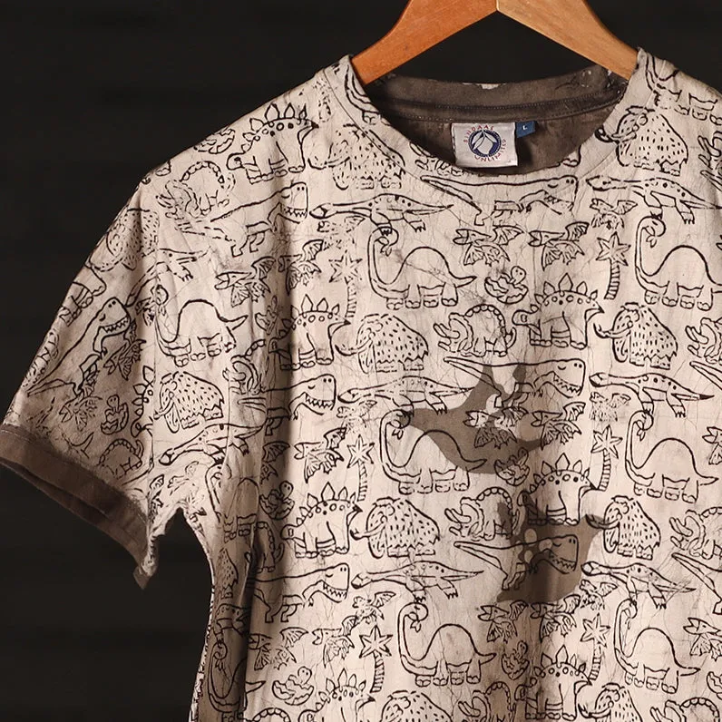 Beige - Bindaas Natural Dyed Art Block Print Round Neck T-shirt in Pure Cotton
