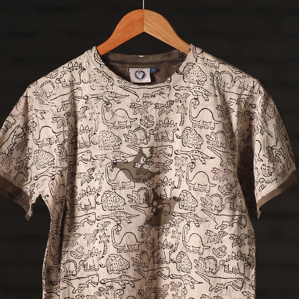 Beige - Bindaas Natural Dyed Art Block Print Round Neck T-shirt in Pure Cotton