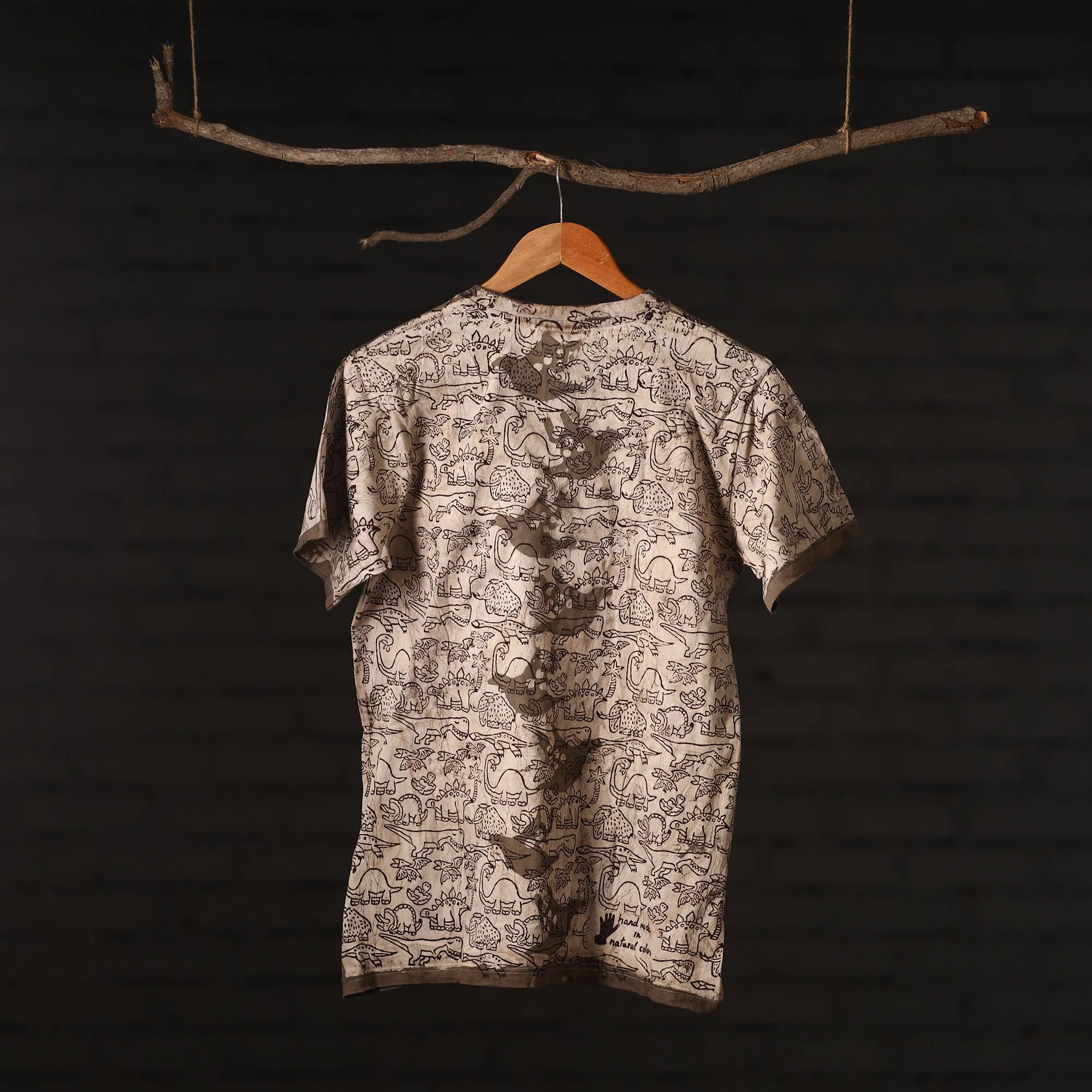 Beige - Bindaas Natural Dyed Art Block Print Round Neck T-shirt in Pure Cotton