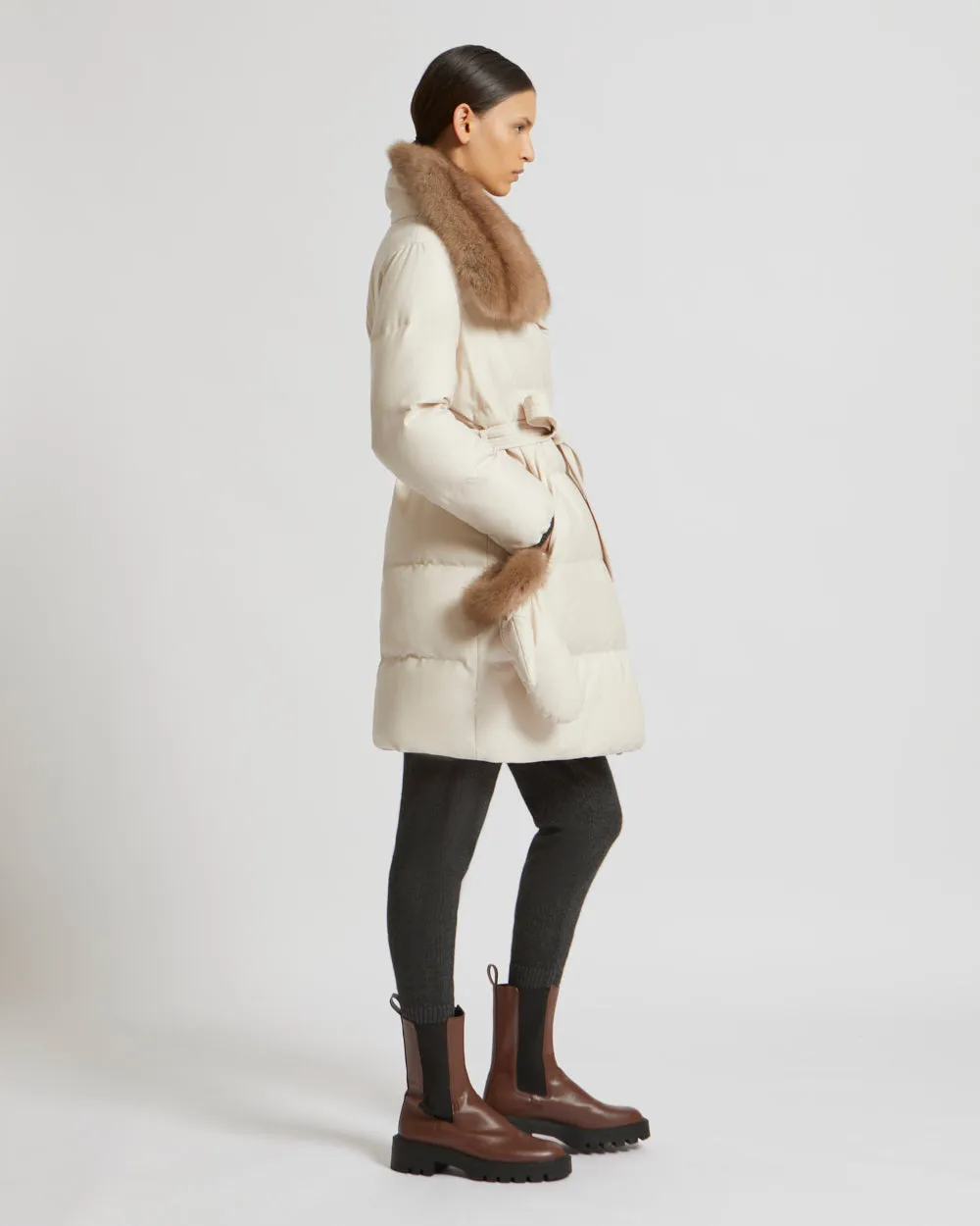 Belted down jacket in waterproof flannel fabric with sable collar