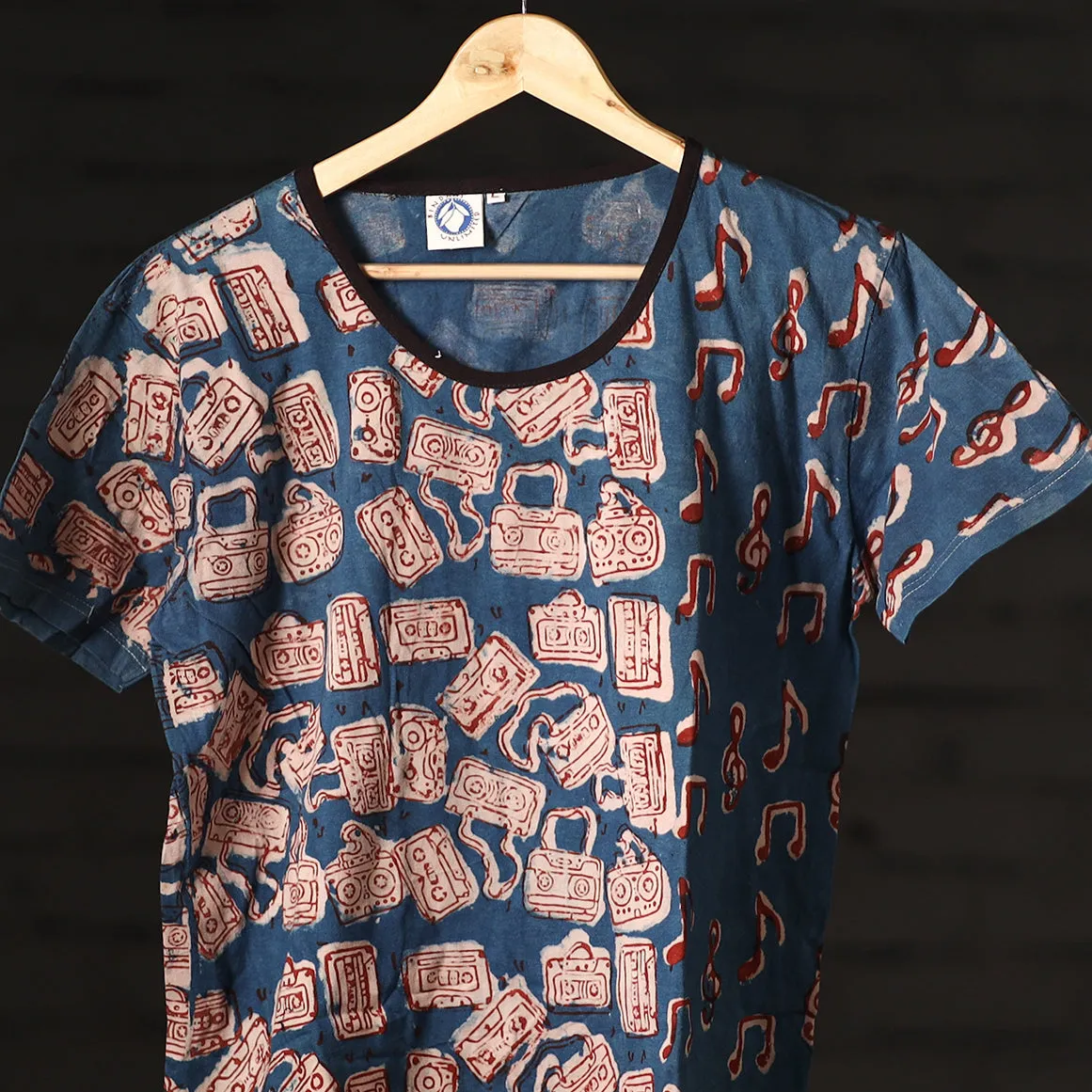 Blue - Bindaas Natural Dyed Art Block Print Unisex Round Neck T-shirt in Pure Cotton