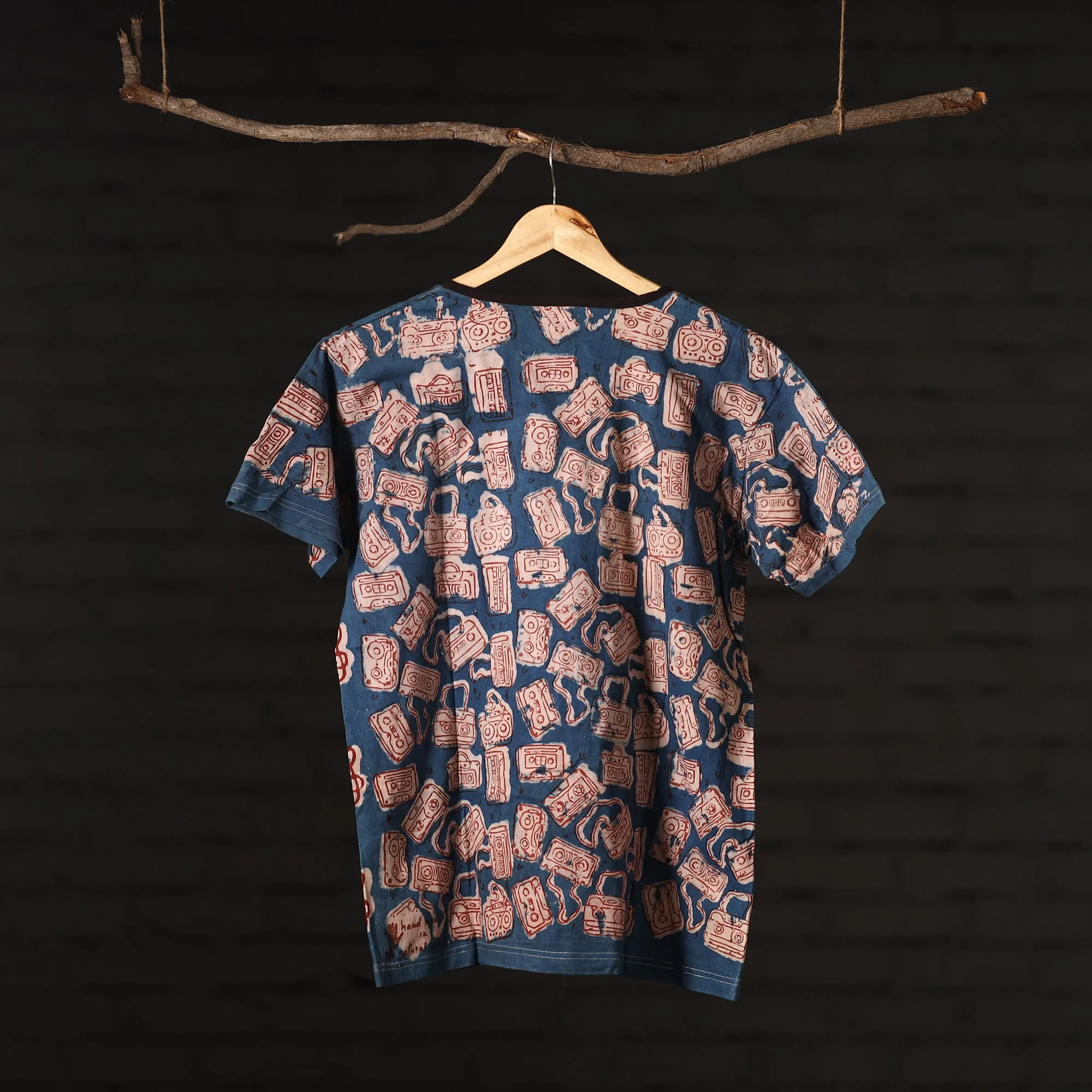 Blue - Bindaas Natural Dyed Art Block Print Unisex Round Neck T-shirt in Pure Cotton