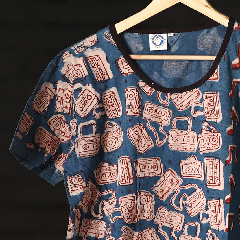 Blue - Bindaas Natural Dyed Art Block Print Unisex Round Neck T-shirt in Pure Cotton