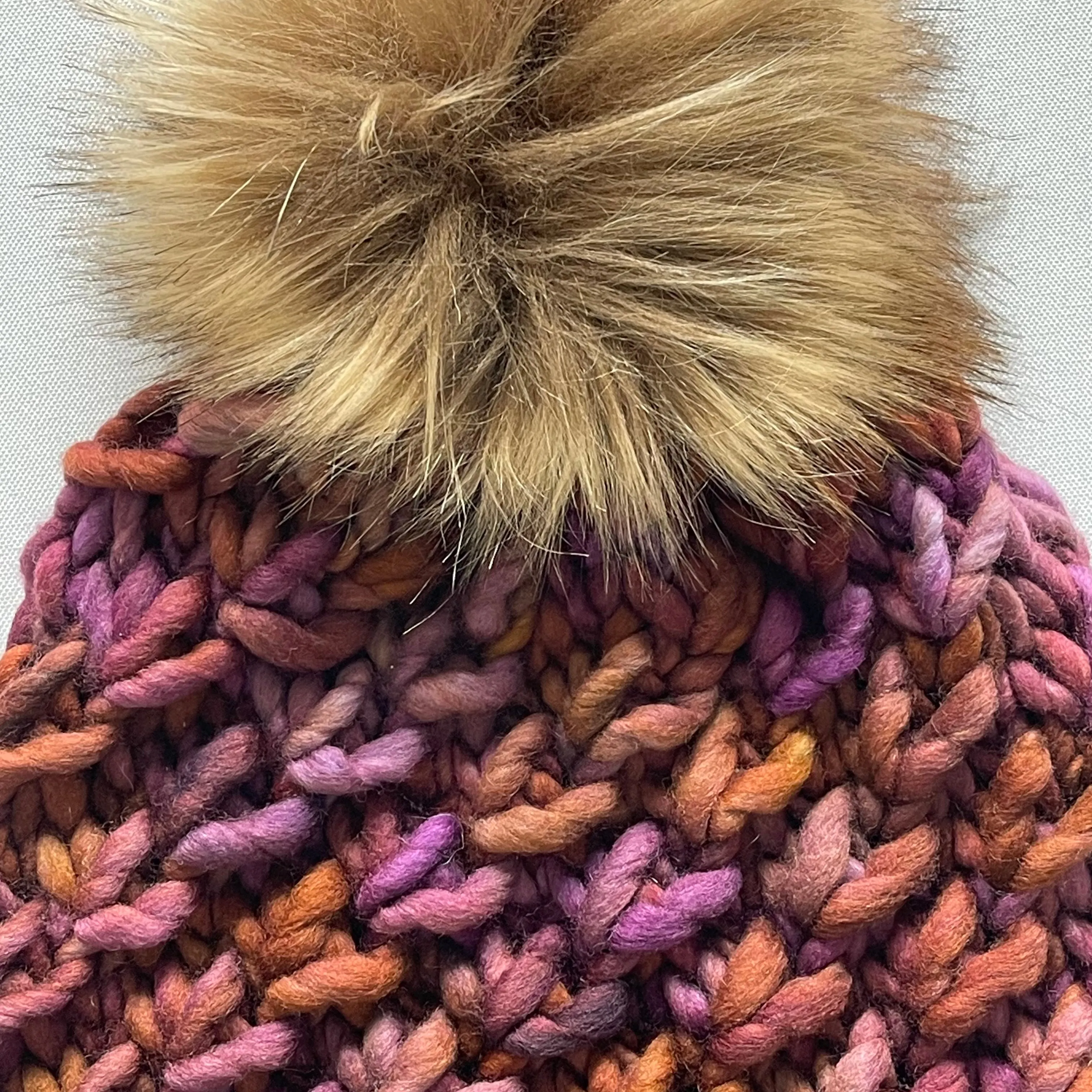 Brown and Purple Luxury Merino Wool Knit Hat with Faux Fur Pom Pom
