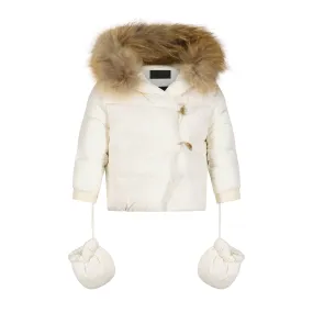 BWBB8-WHITE BABY COAT WITH BROWN BUTTONS/NTRL FUR
