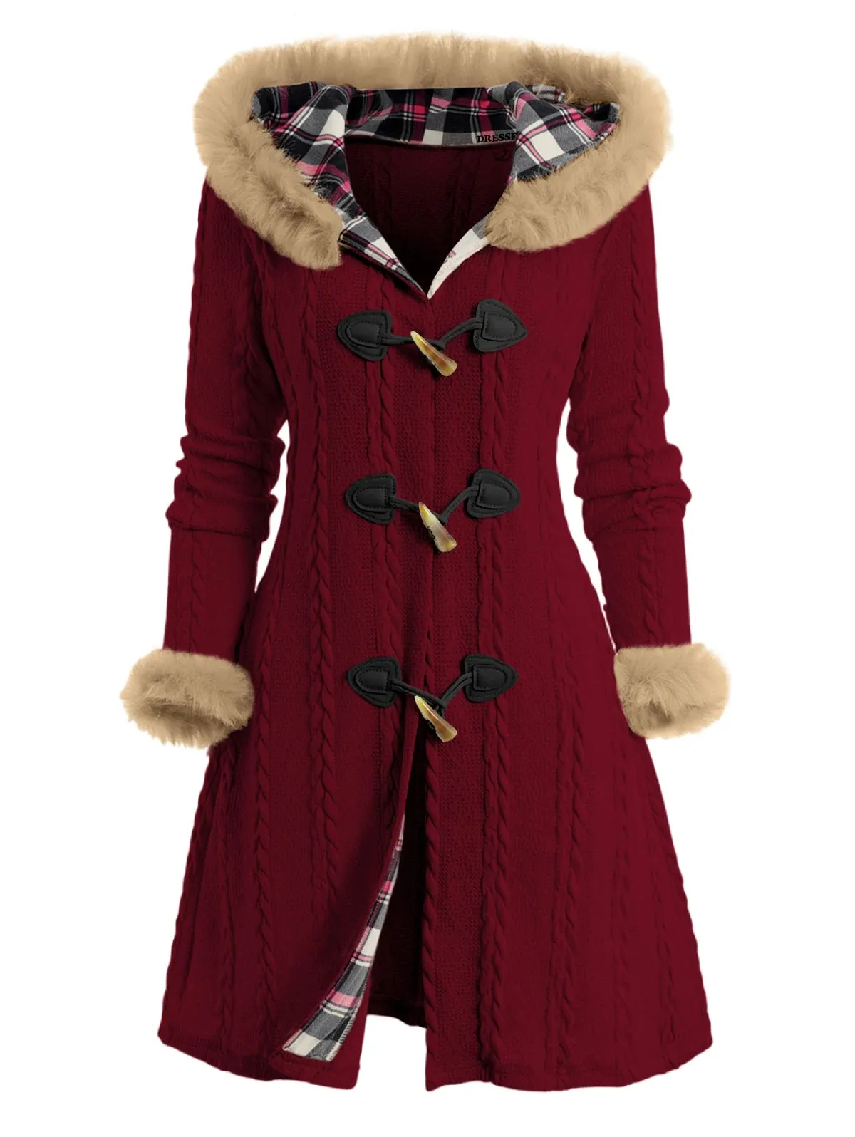 Cable Knit Plaid Lined Faux Fur Hooded Coat with Button Closure
