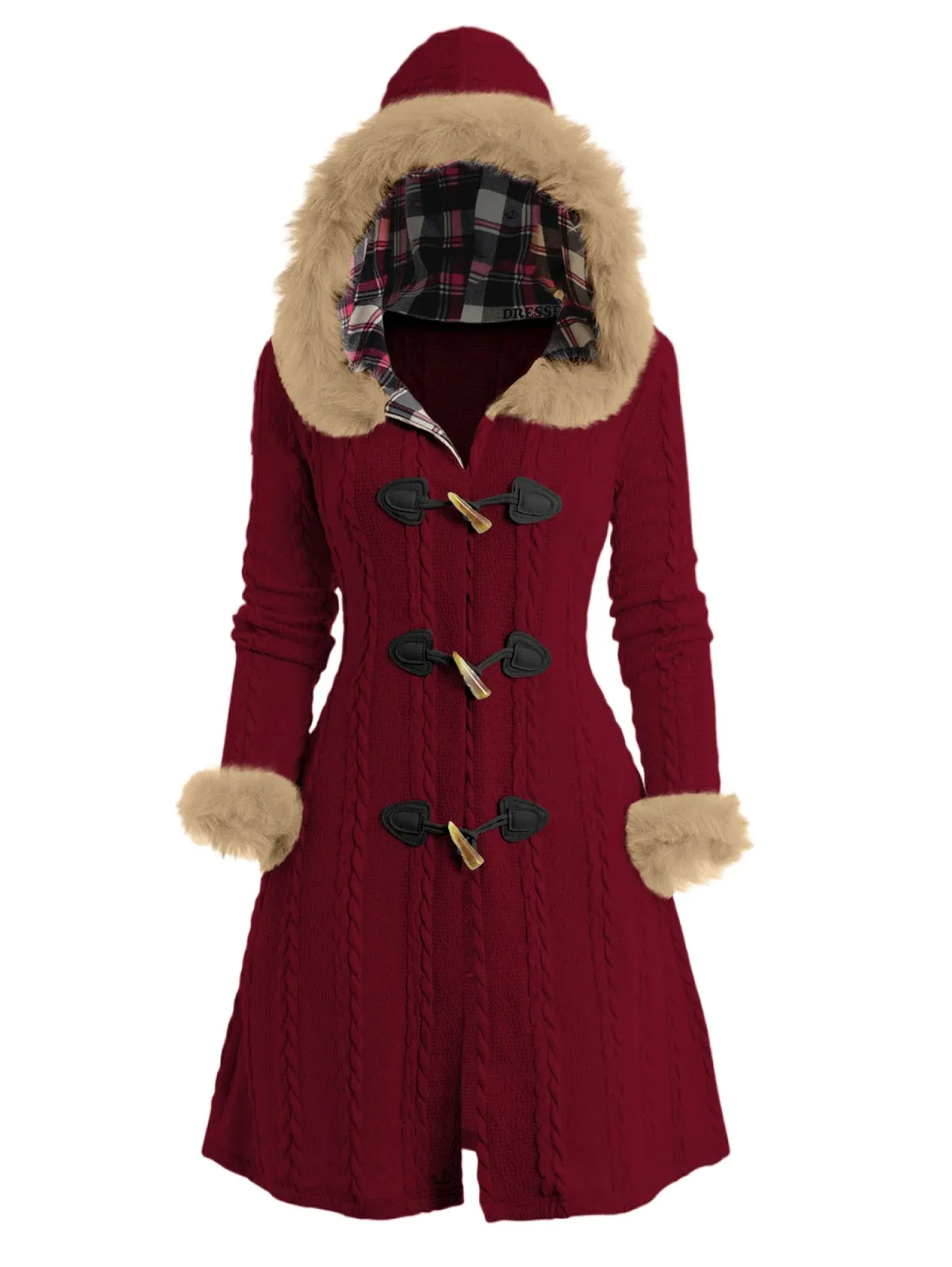 Cable Knit Plaid Lined Faux Fur Hooded Coat with Button Closure