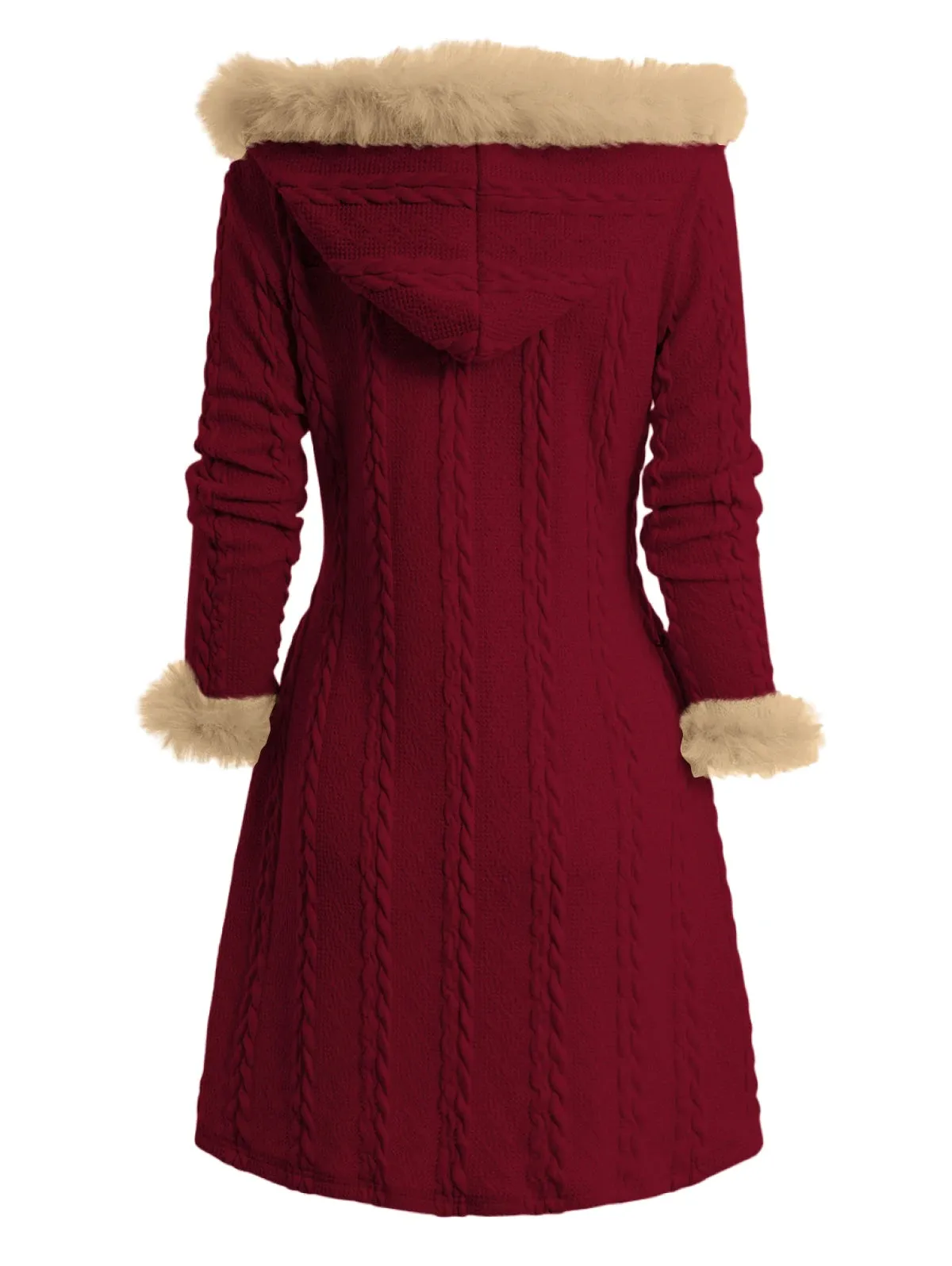 Cable Knit Plaid Lined Faux Fur Hooded Coat with Button Closure