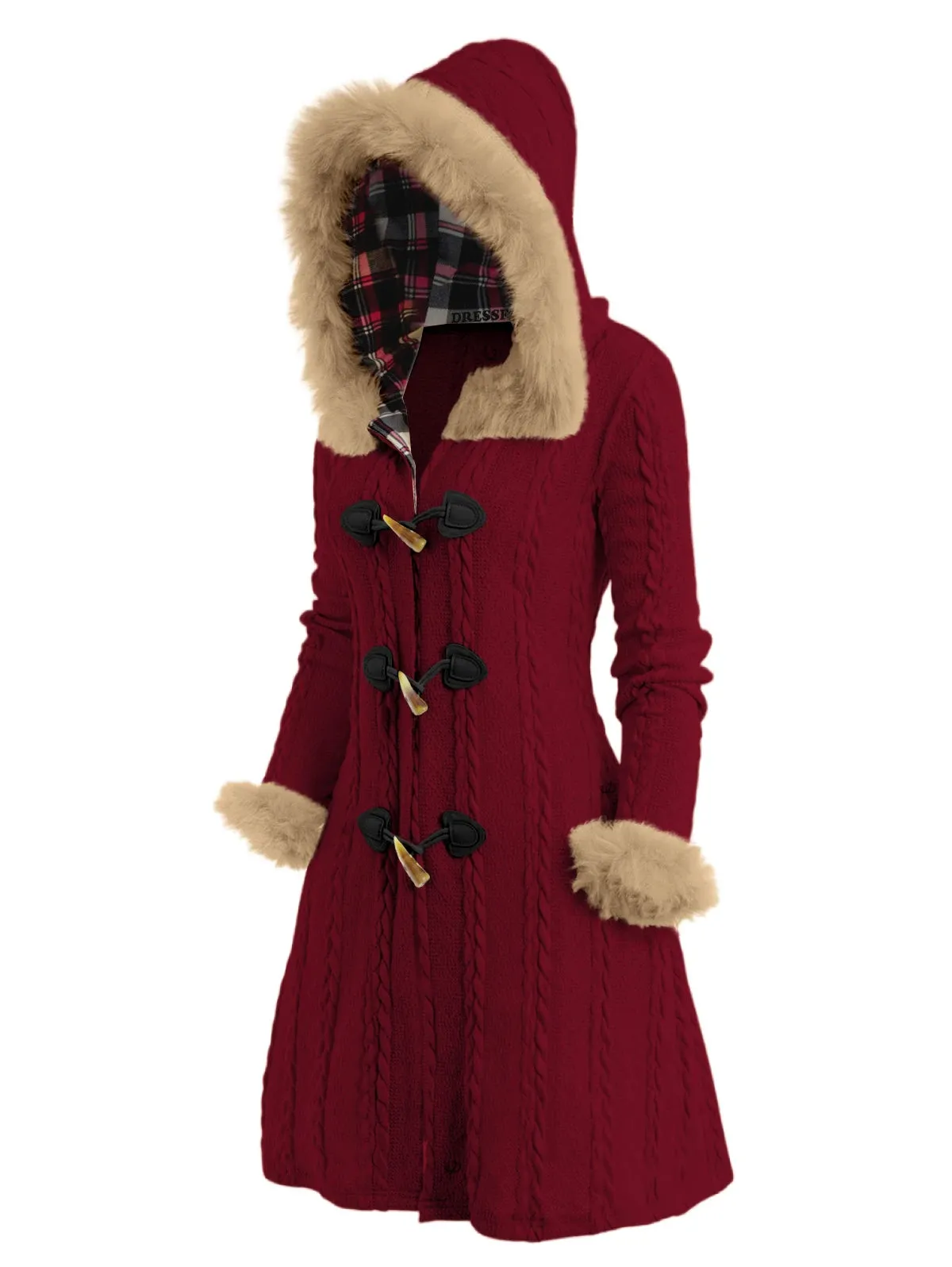 Cable Knit Plaid Lined Faux Fur Hooded Coat with Button Closure