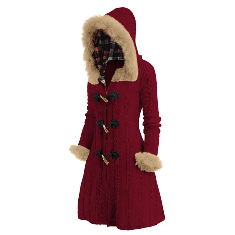 Cable Knit Plaid Lined Faux Fur Hooded Coat with Button Closure