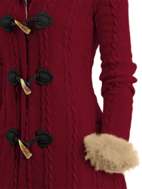 Cable Knit Plaid Lined Faux Fur Hooded Coat with Button Closure