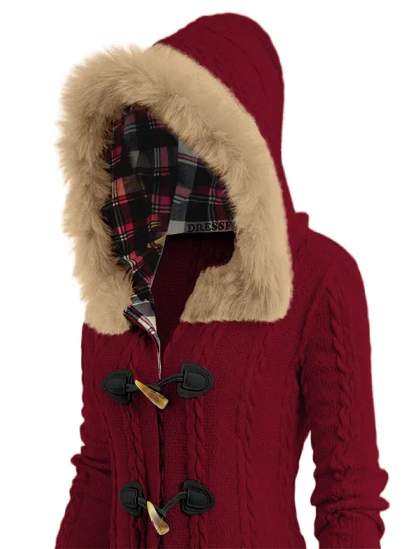 Cable Knit Plaid Lined Faux Fur Hooded Coat with Button Closure