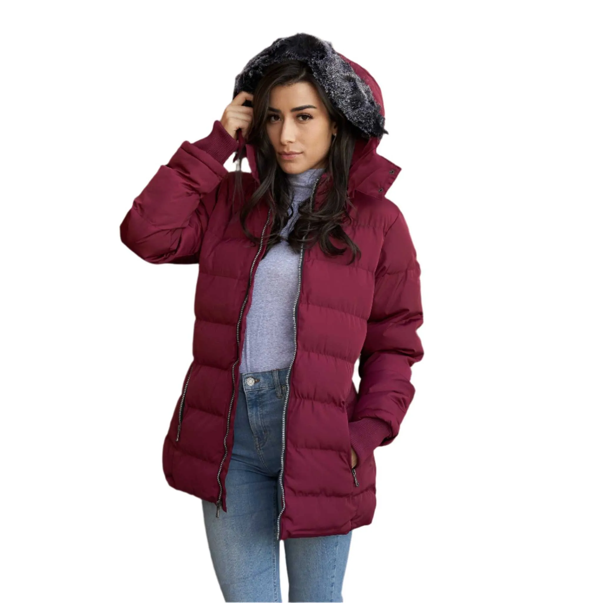 Chic & Cozy Vegan Down Puffer Coat with Faux-Fur Hood for Women