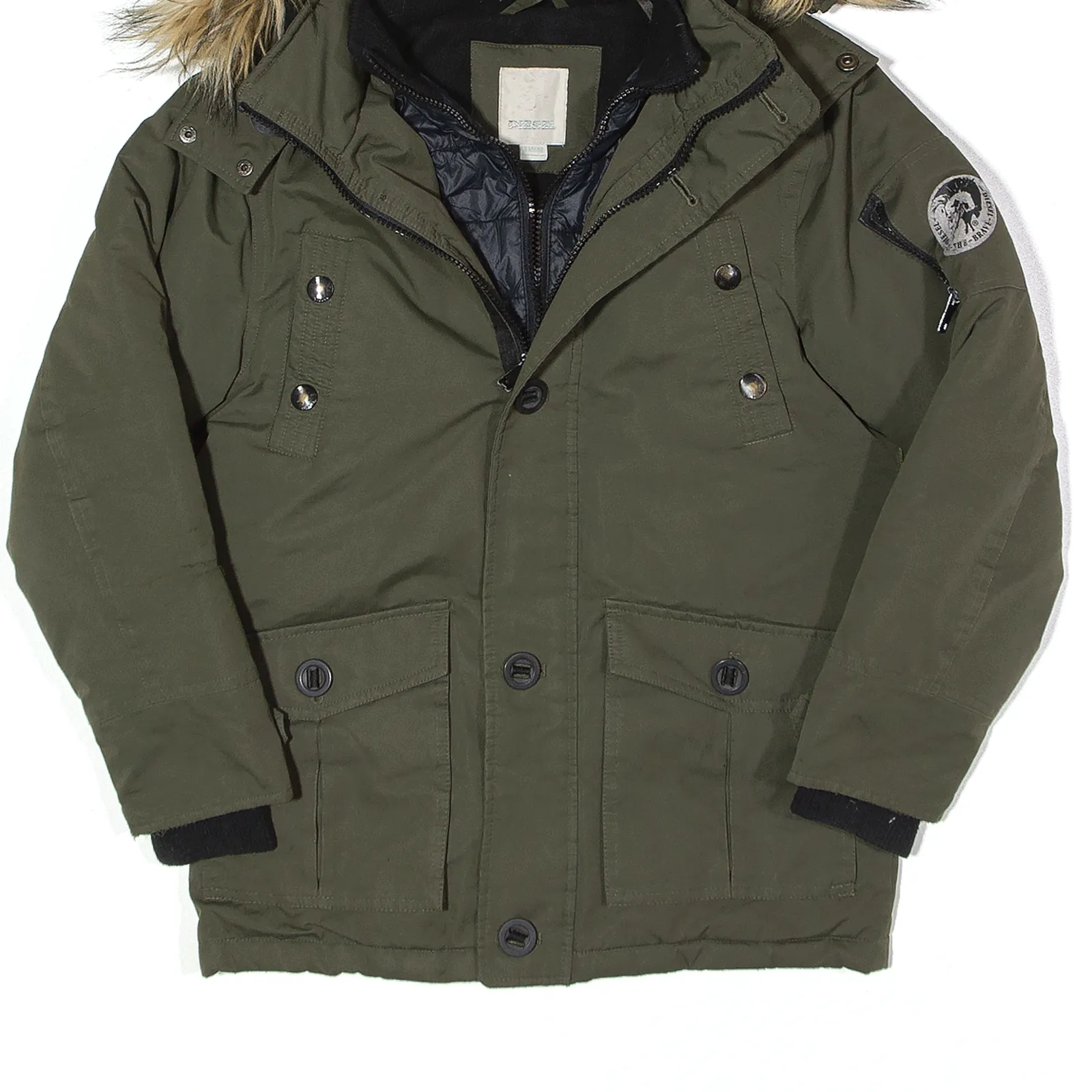 DIESEL Fleece Lined Layered Coat Green Hooded Parka Womens XS