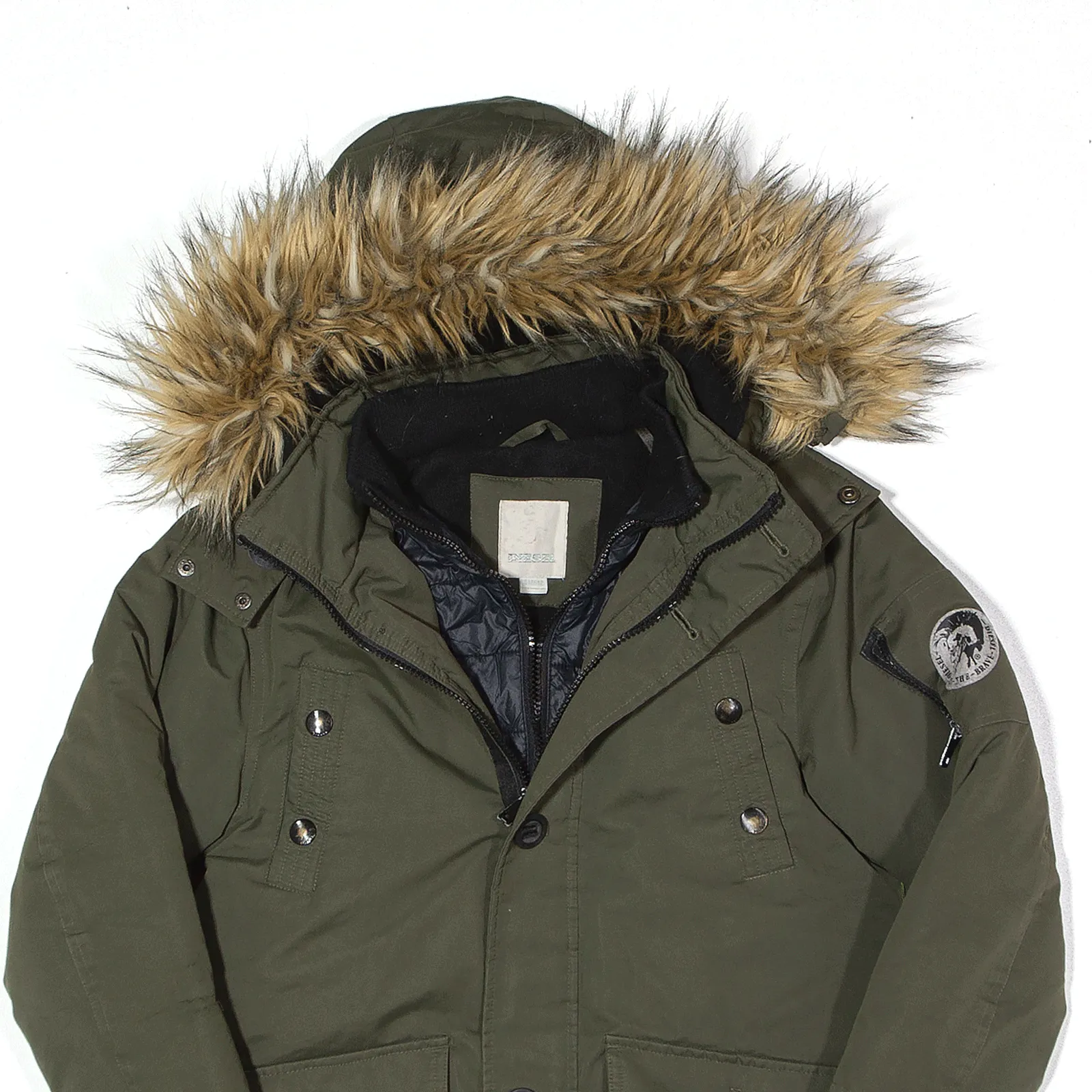 DIESEL Fleece Lined Layered Coat Green Hooded Parka Womens XS