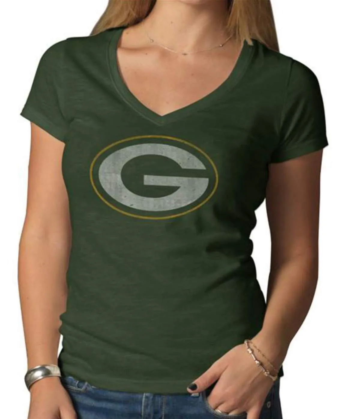 Green Bay Packers 47 Brand Women Green V-Neck Short Sleeve Scrum T-Shirt