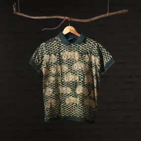 Green - Bindaas Natural Dyed Art Block Print Polo Collar T-shirt in Cotton