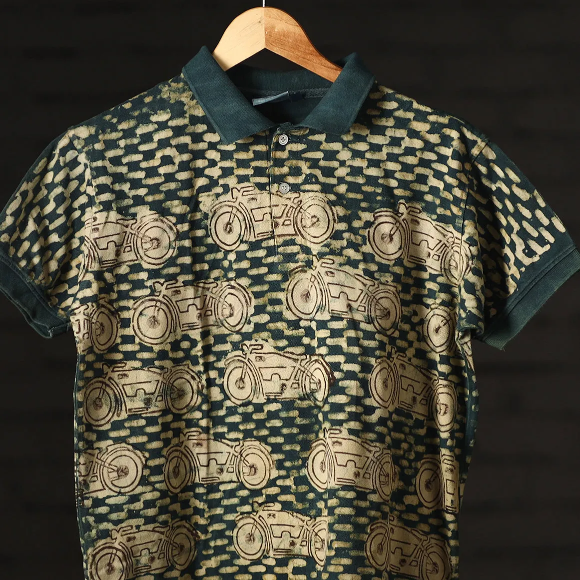 Green - Bindaas Natural Dyed Art Block Print Polo Collar T-shirt in Cotton