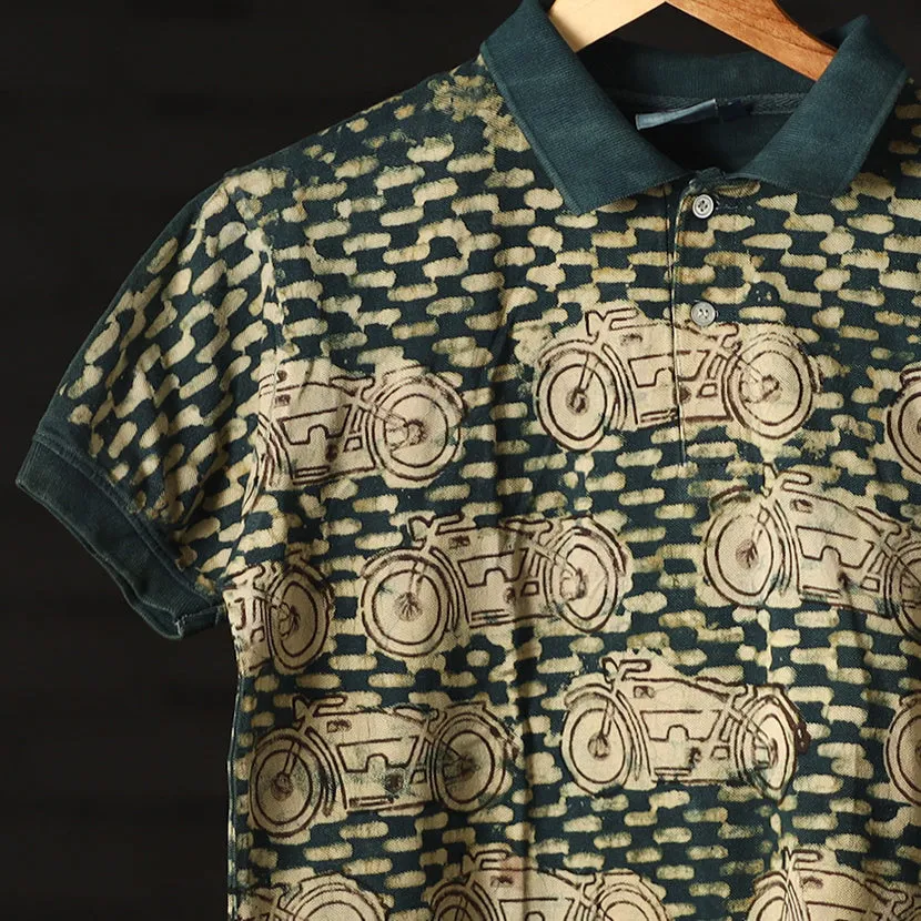 Green - Bindaas Natural Dyed Art Block Print Polo Collar T-shirt in Cotton
