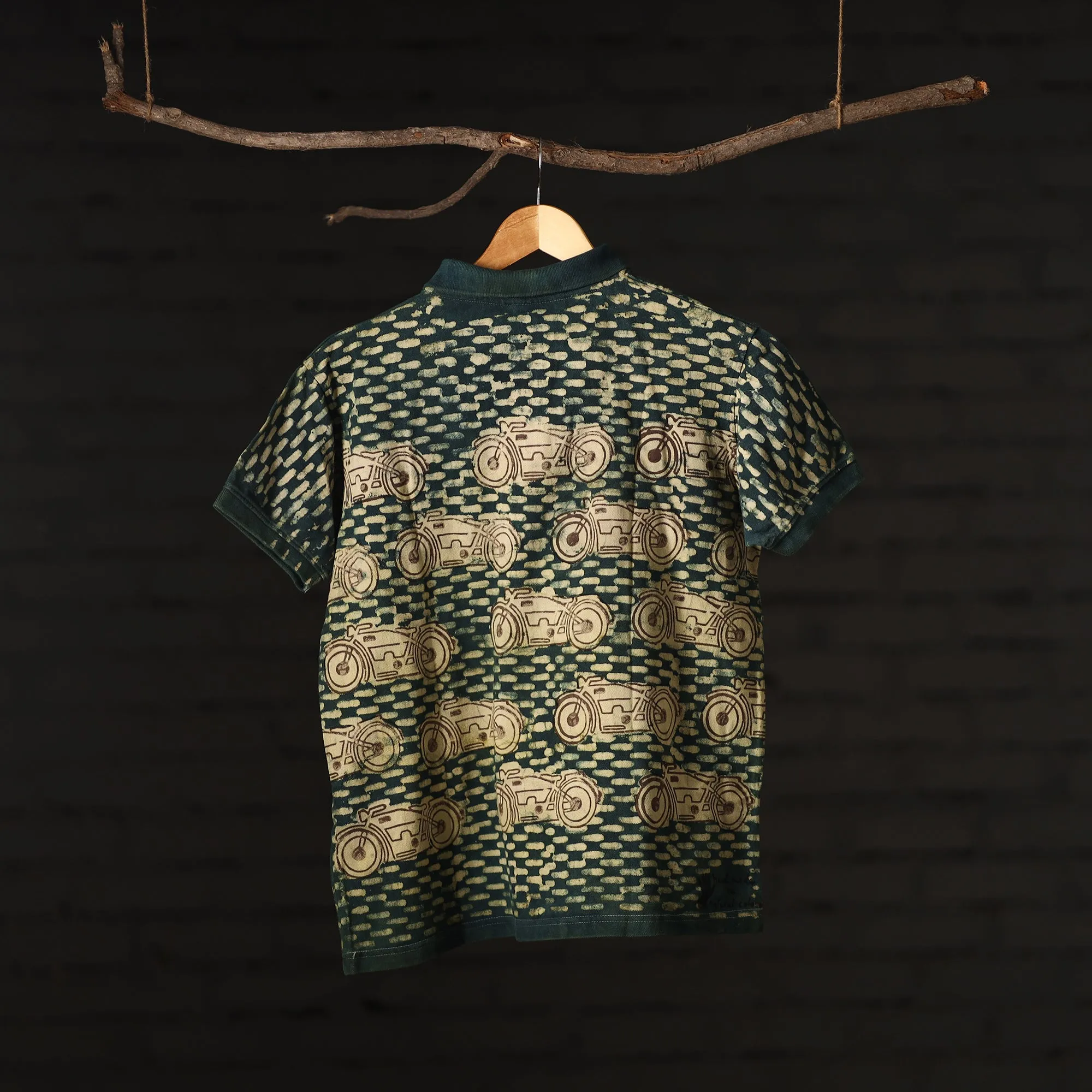 Green - Bindaas Natural Dyed Art Block Print Polo Collar T-shirt in Cotton