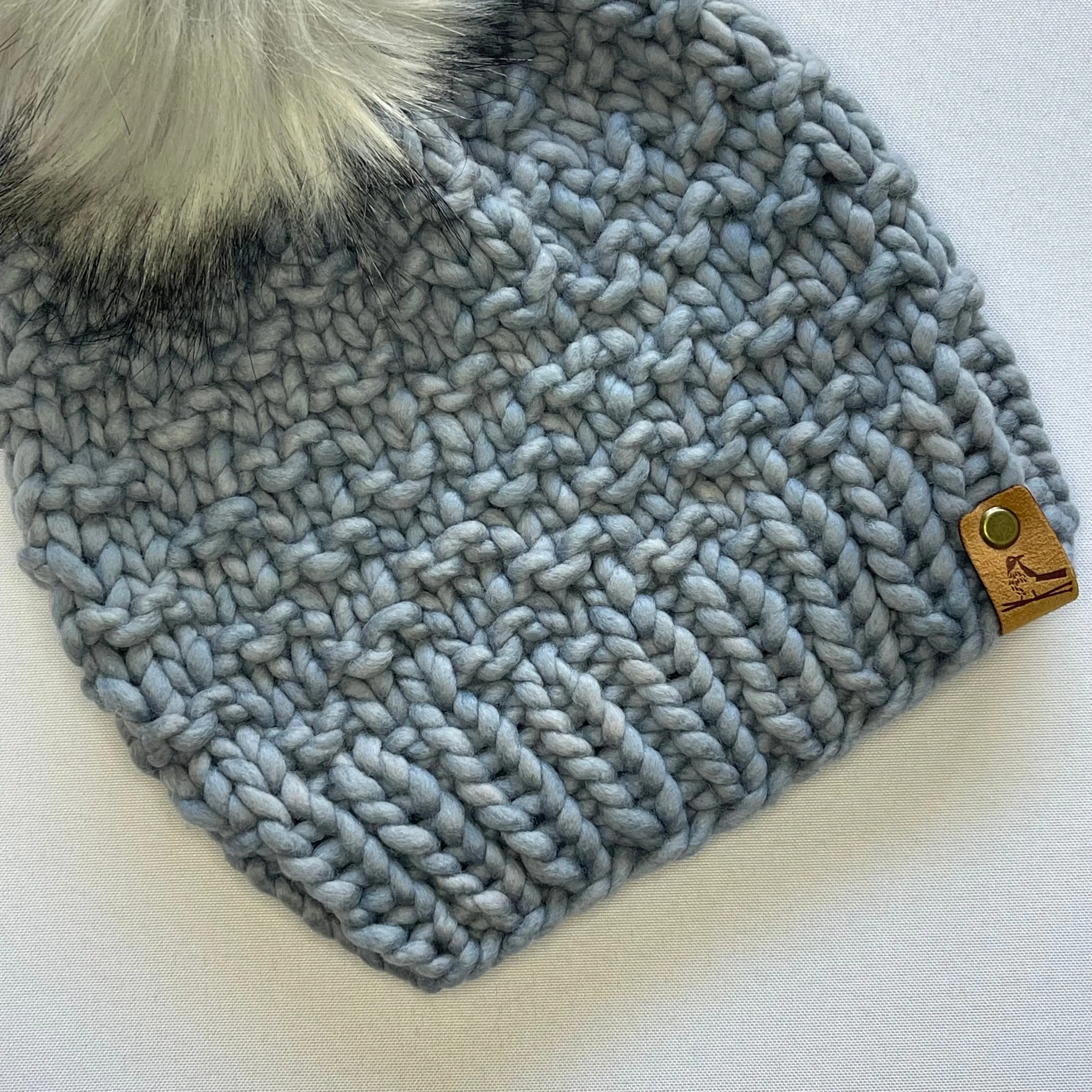 Grey Luxury Merino Wool Knit Hat with Extra Large Faux Fur Pom Pom