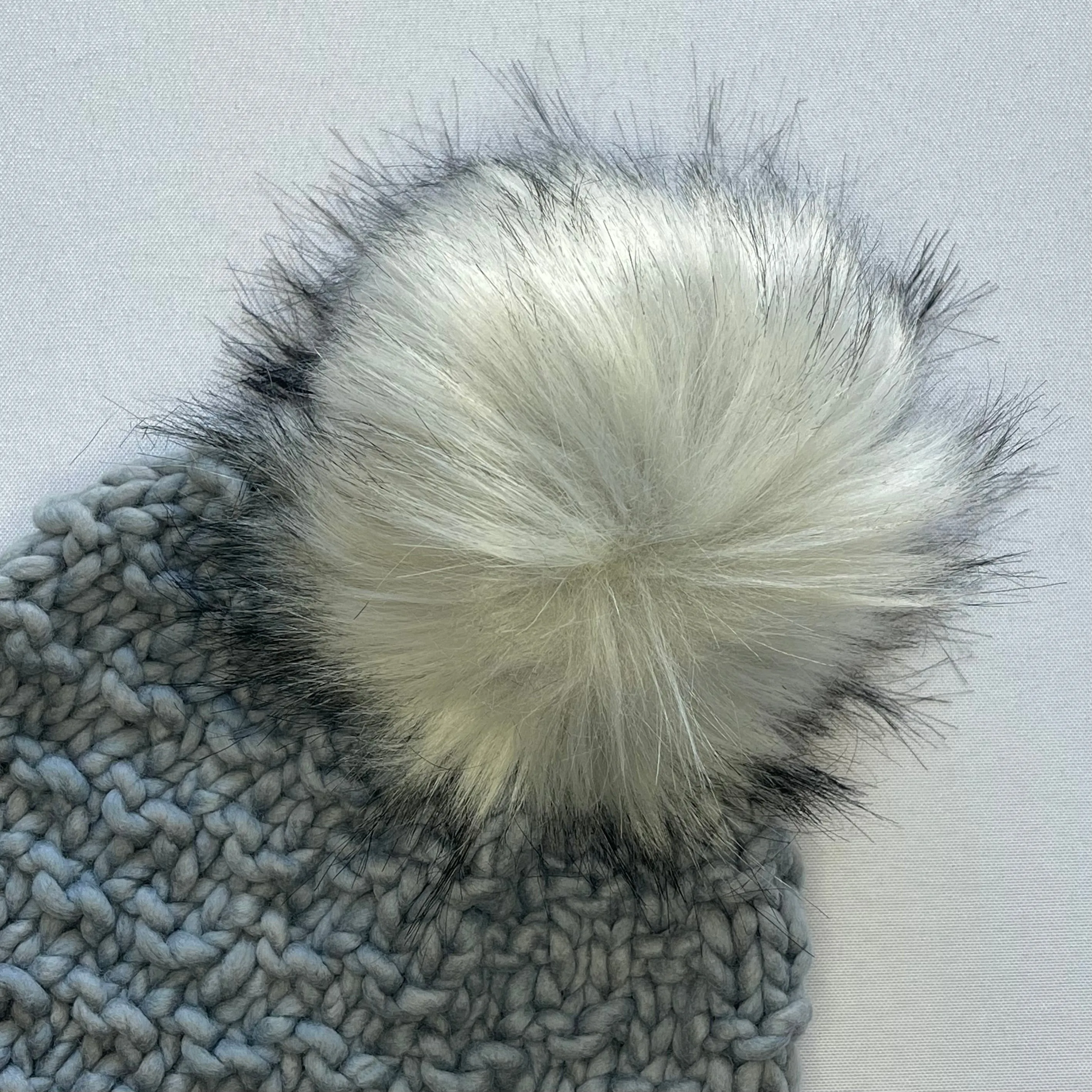 Grey Luxury Merino Wool Knit Hat with Extra Large Faux Fur Pom Pom