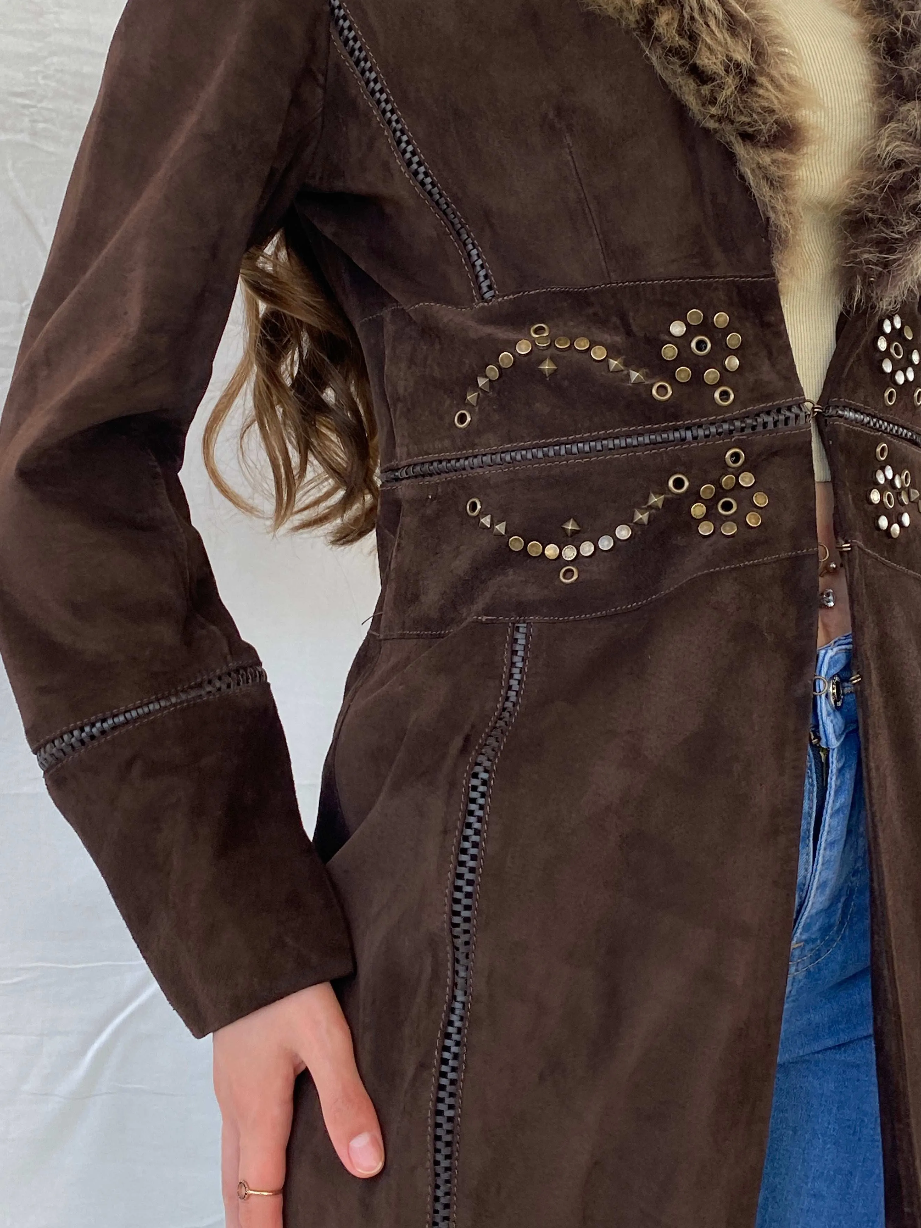 Karen Millen Afghan Style Brown Suede Fur-Collar Coat - S