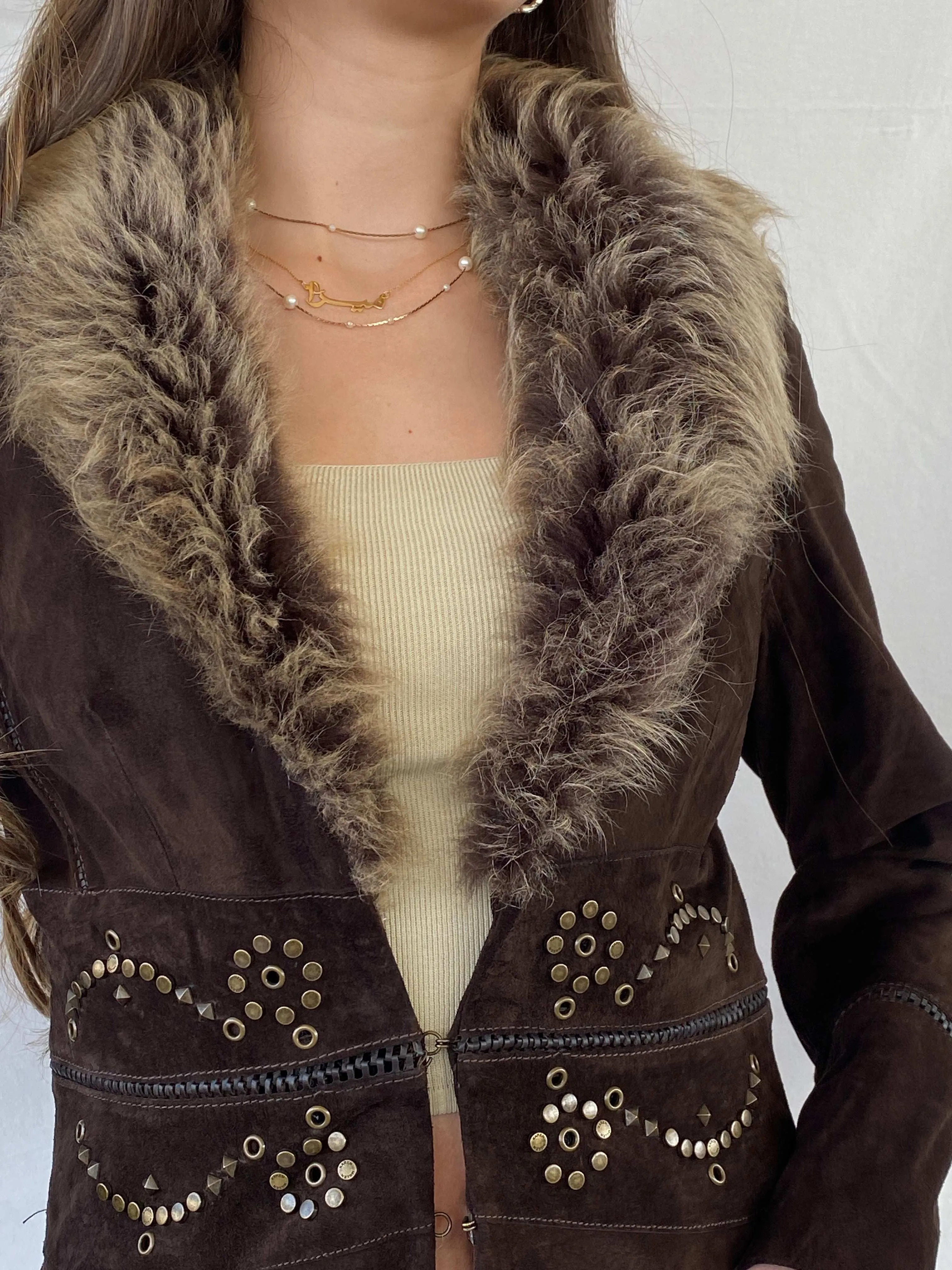 Karen Millen Afghan Style Brown Suede Fur-Collar Coat - S