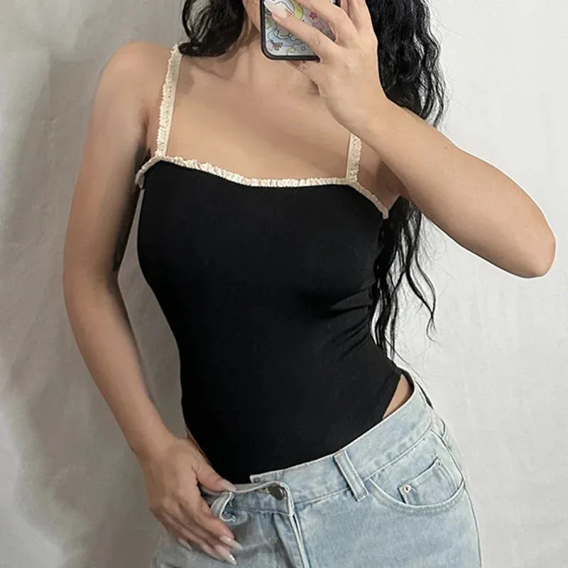 Metaversmall Fashion Spaghetti Strap Skinny Sexy Bodysuit Summer One Piece Lace Patchwork Bodies Ruched Party Catsuit Retro Romper