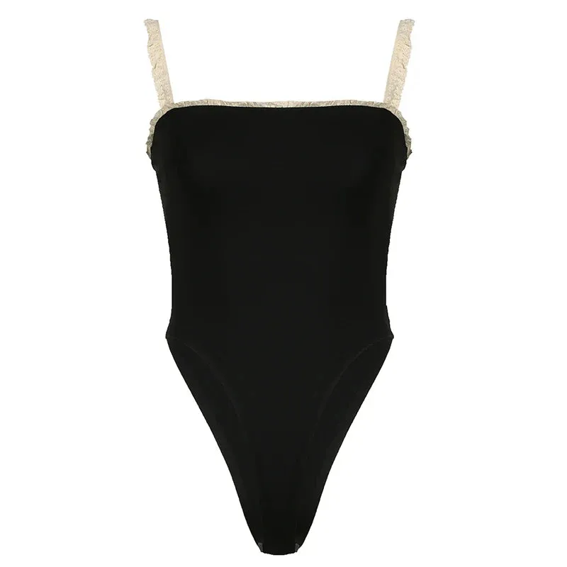 Metaversmall Fashion Spaghetti Strap Skinny Sexy Bodysuit Summer One Piece Lace Patchwork Bodies Ruched Party Catsuit Retro Romper