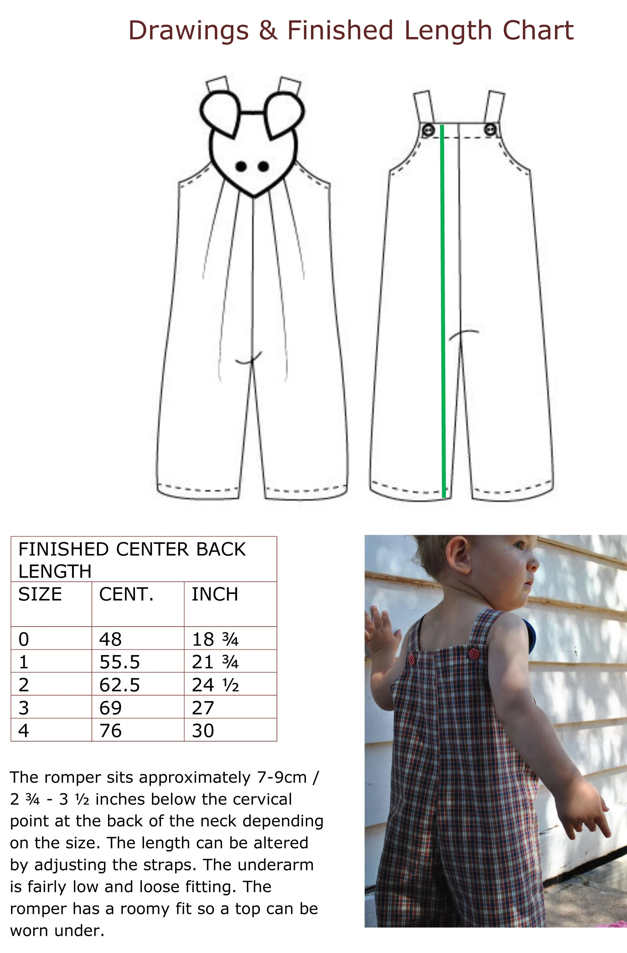 Overalls, Shortalls, Romper pdf sewing pattern for baby & toddler sizes 9 mths to 4 yrs.