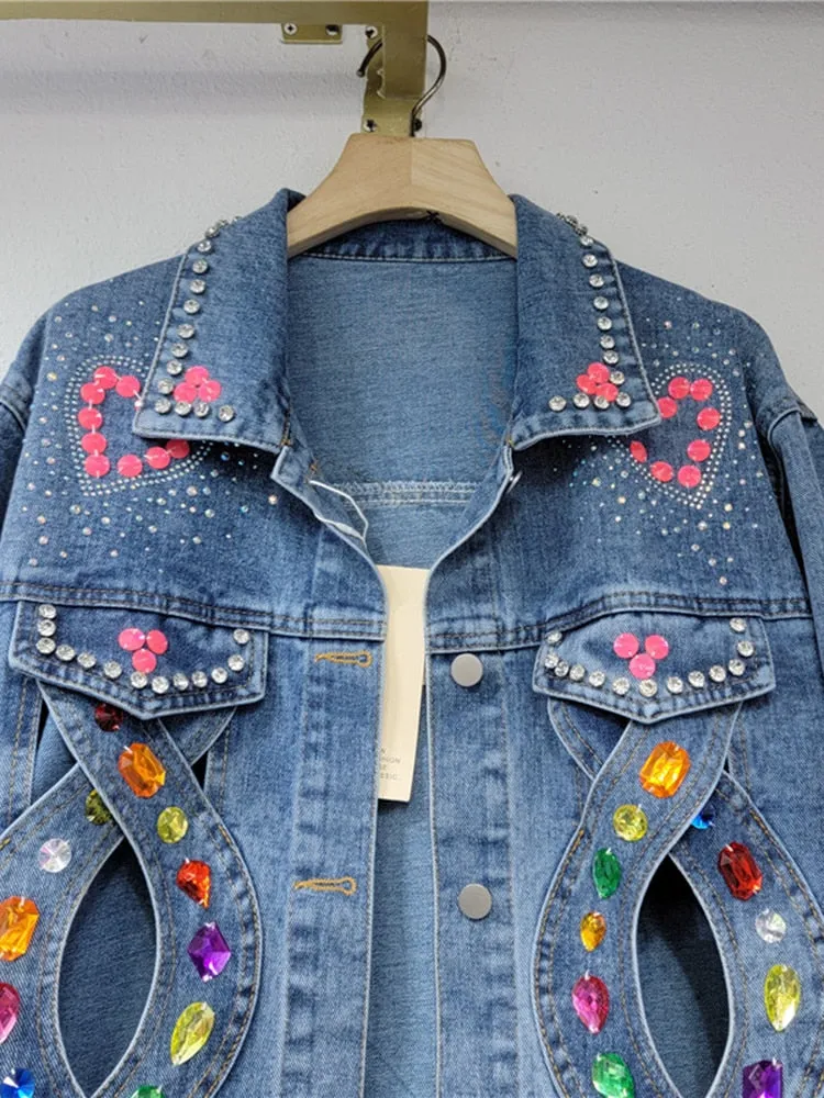 Patchwork Diamond Denim Coats For Women Lapel Long Sleeve Loose Hollow Out Hit Color Jacket Female Fashion Clothing