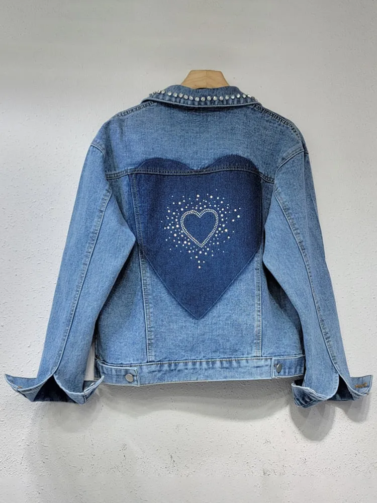 Patchwork Diamond Denim Coats For Women Lapel Long Sleeve Loose Hollow Out Hit Color Jacket Female Fashion Clothing