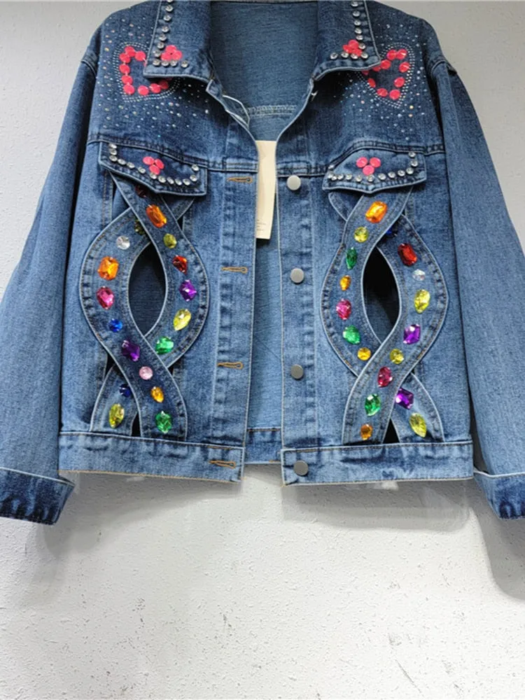 Patchwork Diamond Denim Coats For Women Lapel Long Sleeve Loose Hollow Out Hit Color Jacket Female Fashion Clothing
