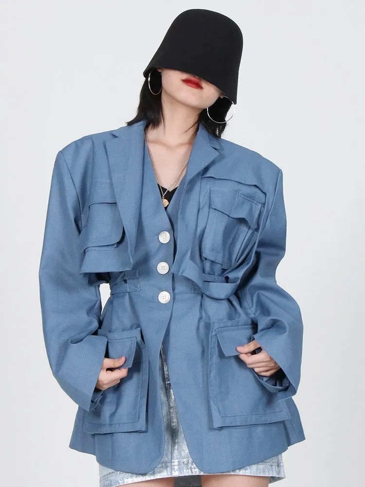 Patchwork Pockets Solid Jackets For Women Notched Collar Long Sleeve Blue Blazers Female Spring Fashion Clothes