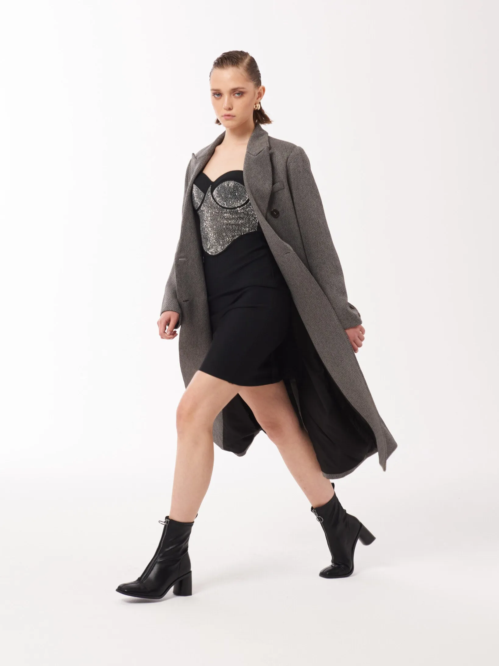 Peak-lapels Double-breasted Coat in Dark Grey