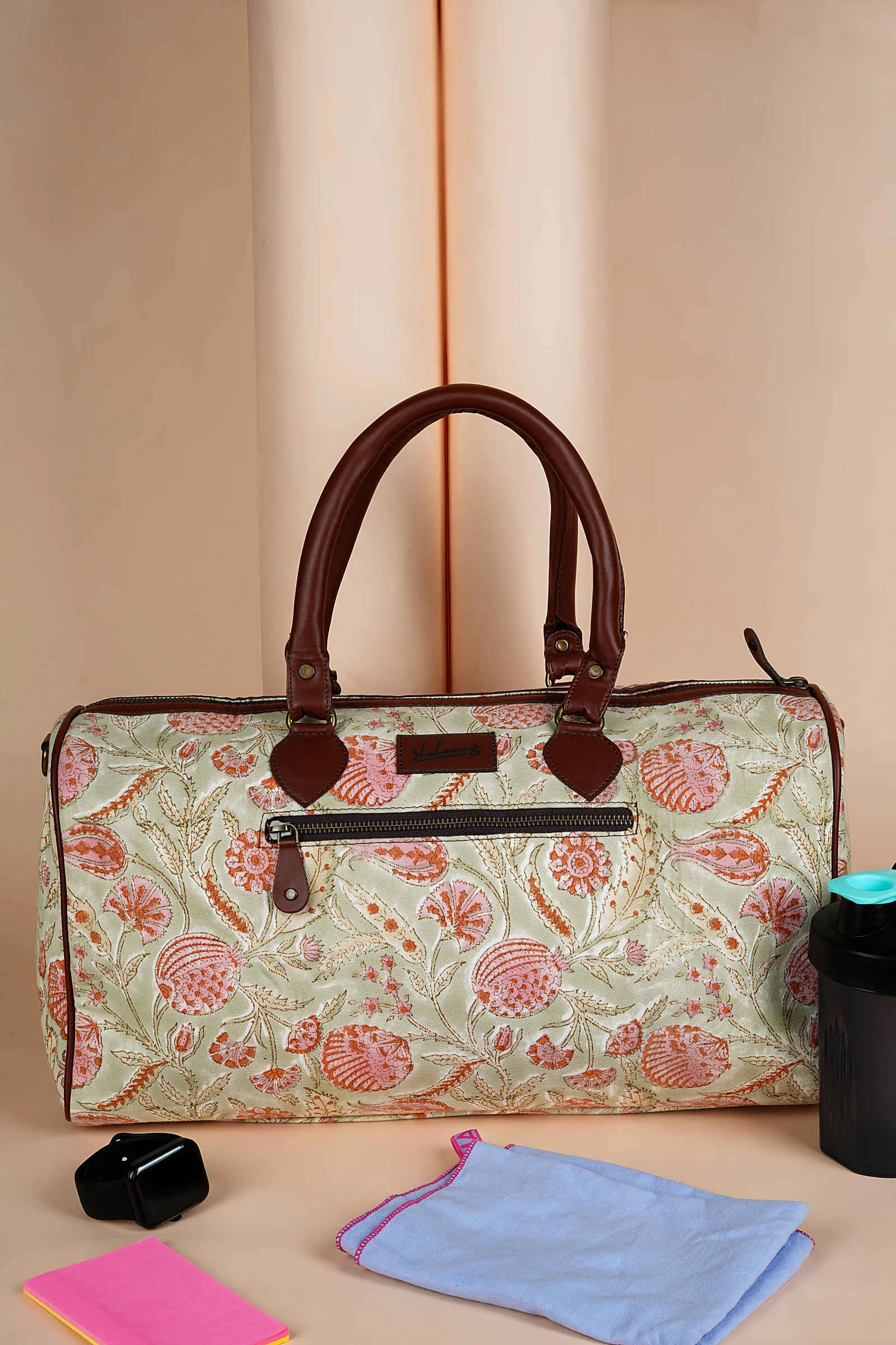 Peruvian Pomegranate Hand Block Printed Pink Duffle Bag Gia05