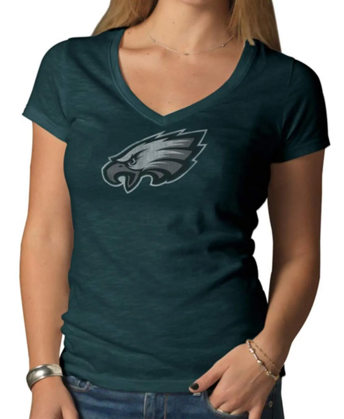 Philadelphia Eagles 47 Brand Women Green V-Neck Short Sleeve Scrum T-Shirt