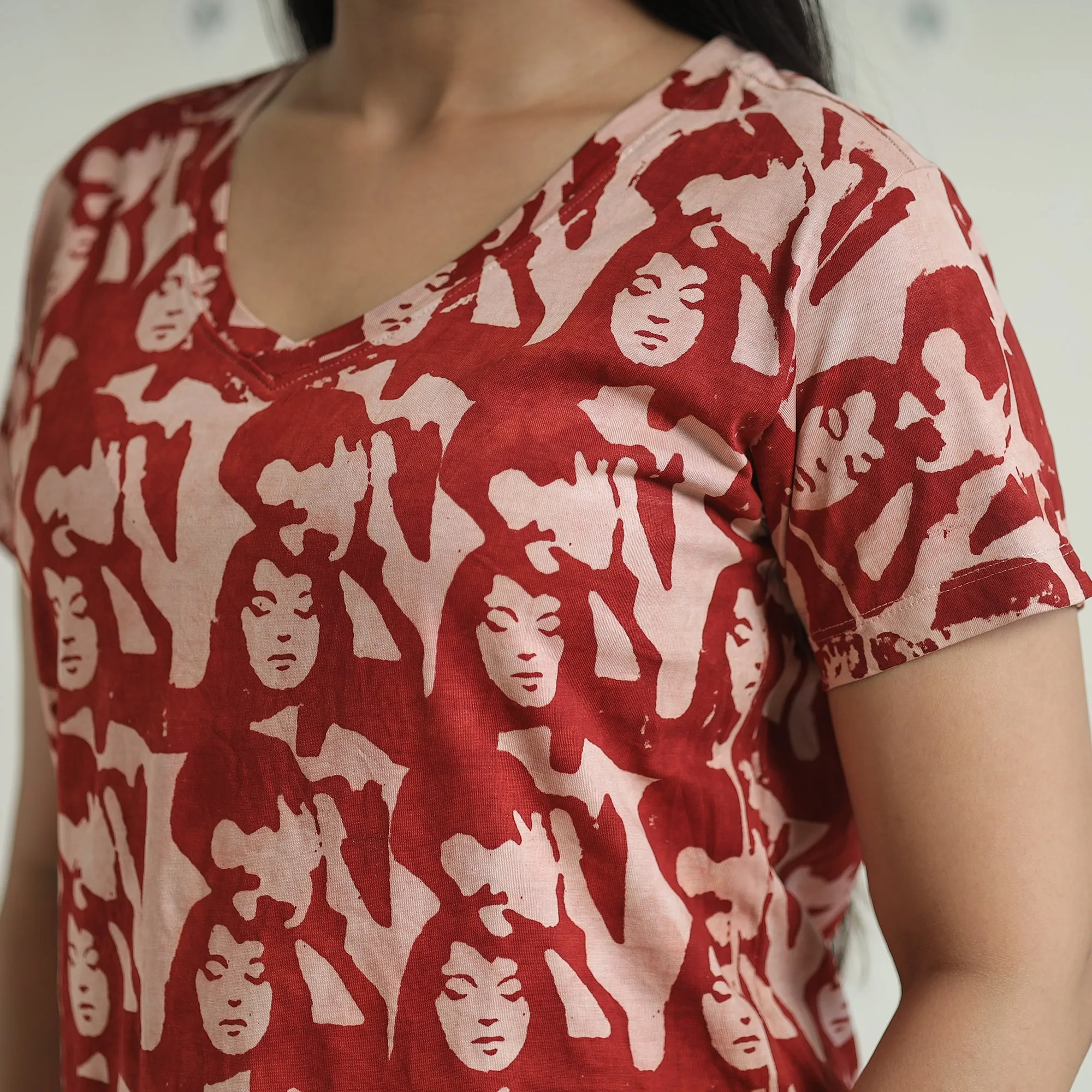 Red - Bindaas Block Art Printed Cotton Women V Neck T-shirt 03