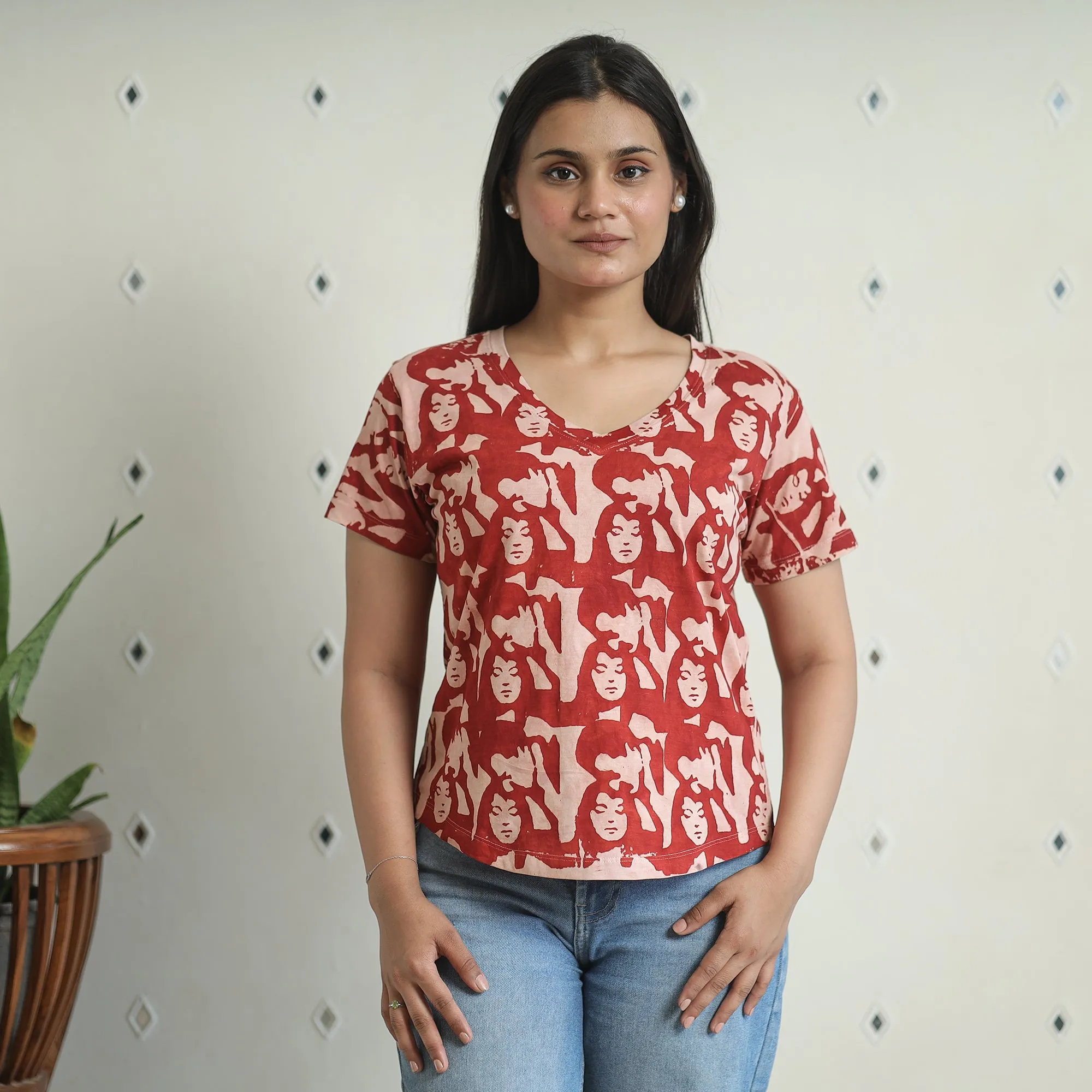 Red - Bindaas Block Art Printed Cotton Women V Neck T-shirt 03