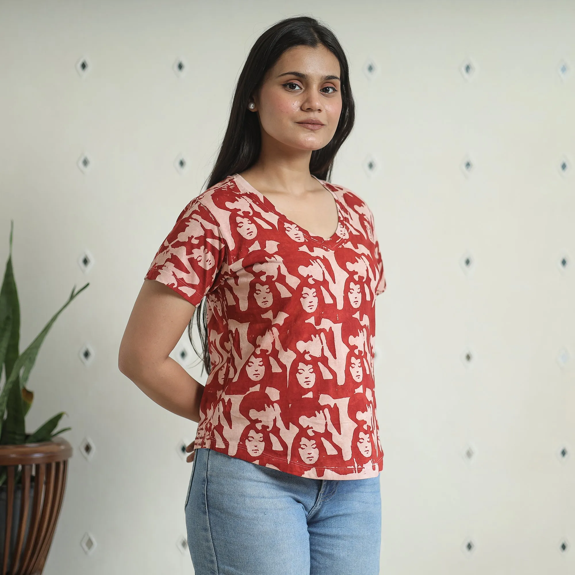 Red - Bindaas Block Art Printed Cotton Women V Neck T-shirt 03