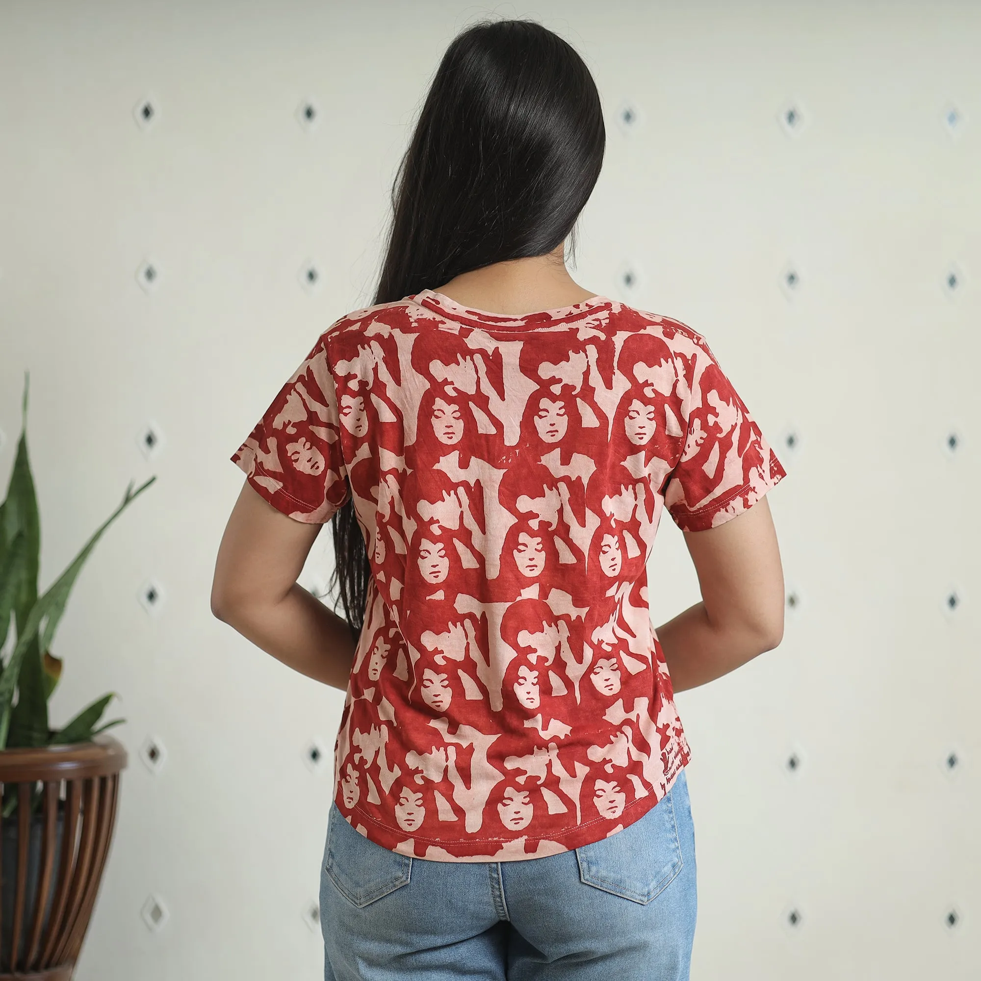 Red - Bindaas Block Art Printed Cotton Women V Neck T-shirt 03