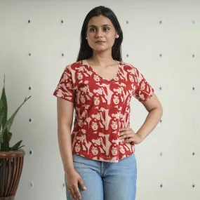 Red - Bindaas Block Art Printed Cotton Women V Neck T-shirt 03